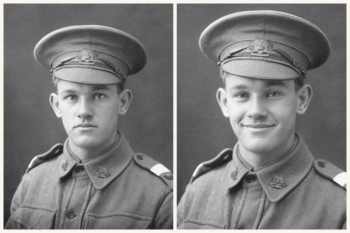 Two frames of the repaired soldier portrait side by side: the first with a straight, serious mouth, the last with a broad smile