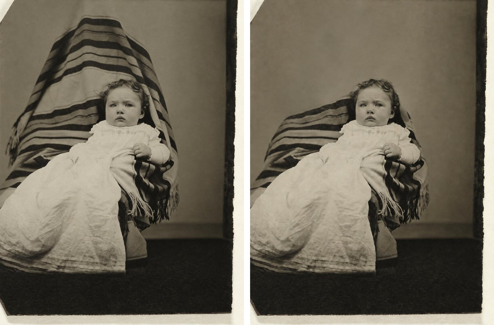 Two copies of the restored tintype side by side. On the left the striped shawl rises behind the girl where her mother sits. On the right the tall figure is gone and the shawl lies over a low seat.