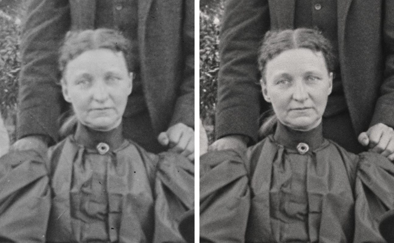 Two copies of a head-and-shoulders crop of a woman in a dark high-collared dress from an 1898 family photo: the scan with specks and grain on the left, the restored crop on the right.
