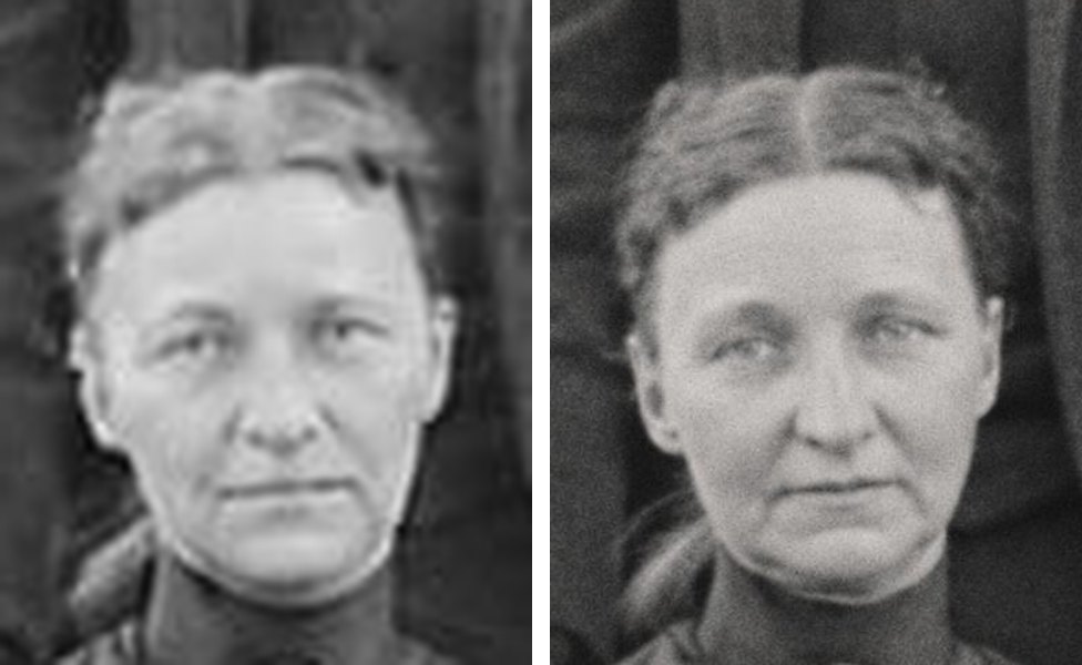 The same woman's face from two restores side by side: on the left, soft and slightly altered after restoring the uncropped photo first; on the right, clean and close to the scan after cropping first.
