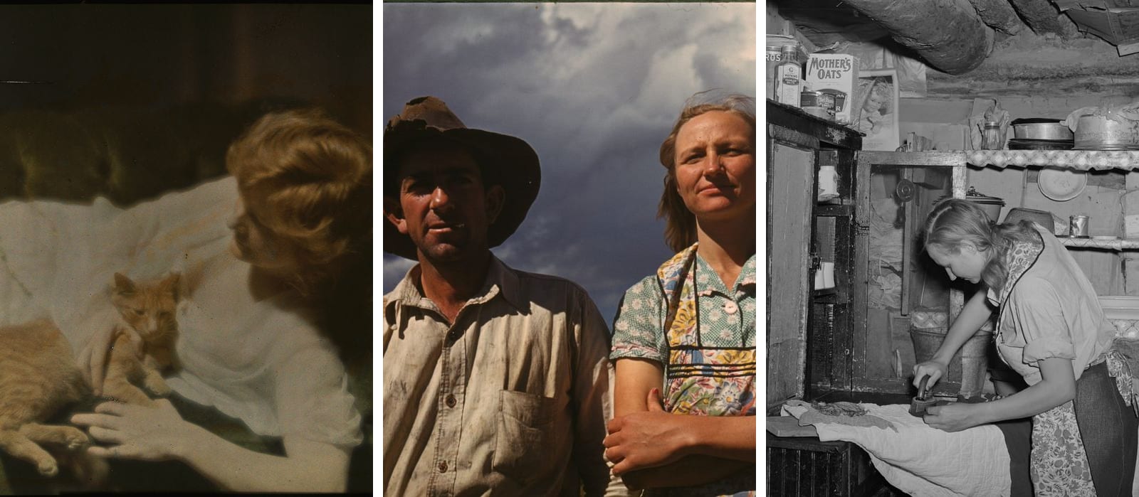 Three archive photographs side by side: a 1914 color Autochrome of a woman resting with a cat, a 1940 color Kodachrome of a homesteading couple under a stormy sky, and a 1940 black-and-white photograph of the same woman ironing in her dugout kitchen