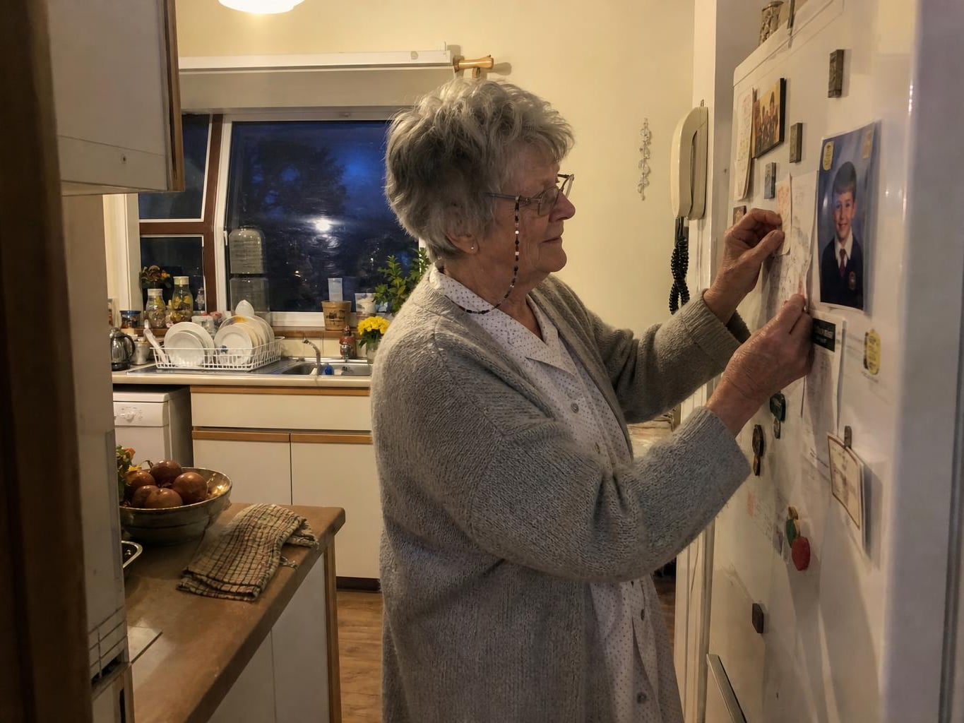 A woman in her seventies pinning a restored family print to her fridge with a magnet