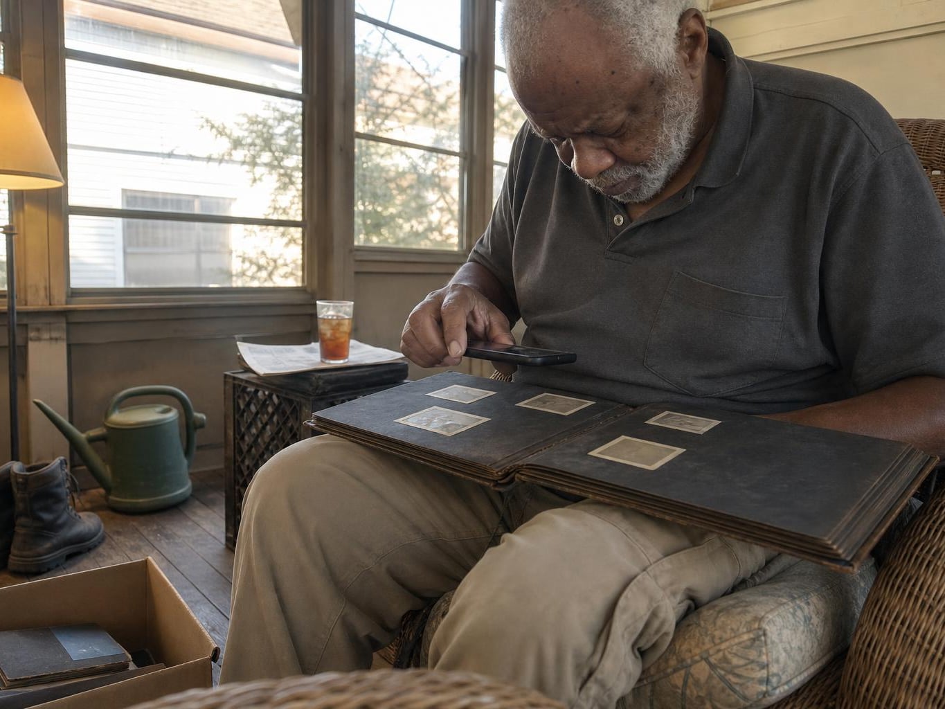 A man on his porch photographing a page of an old family album with his phone