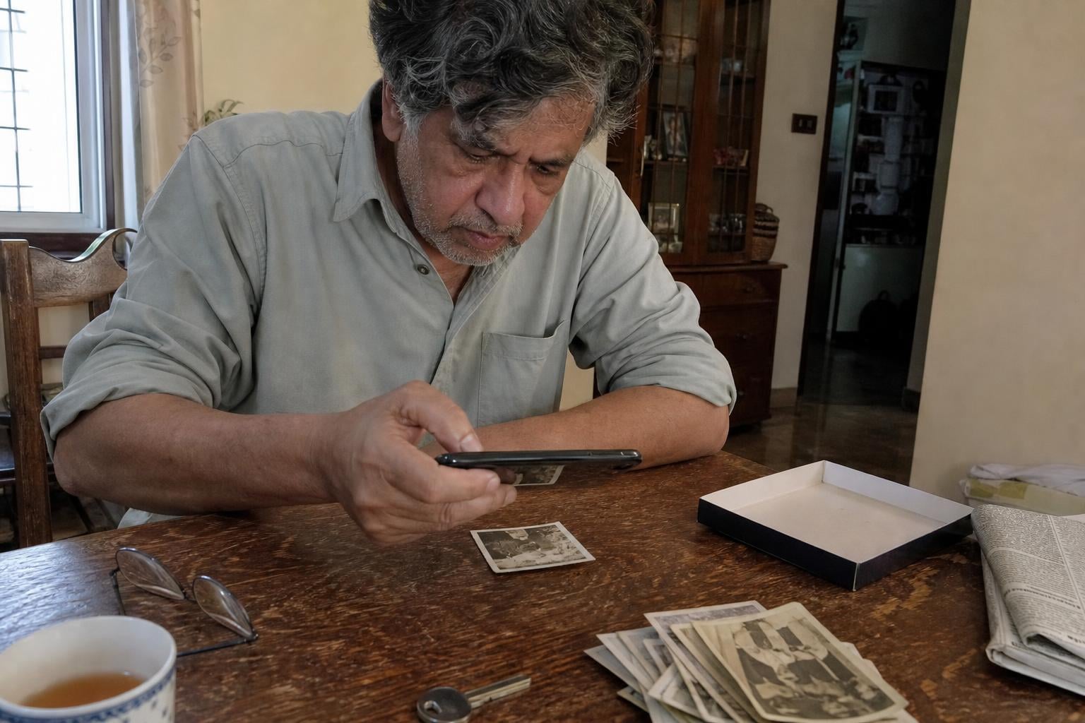 A man photographing an old faded print with his phone at a wooden table