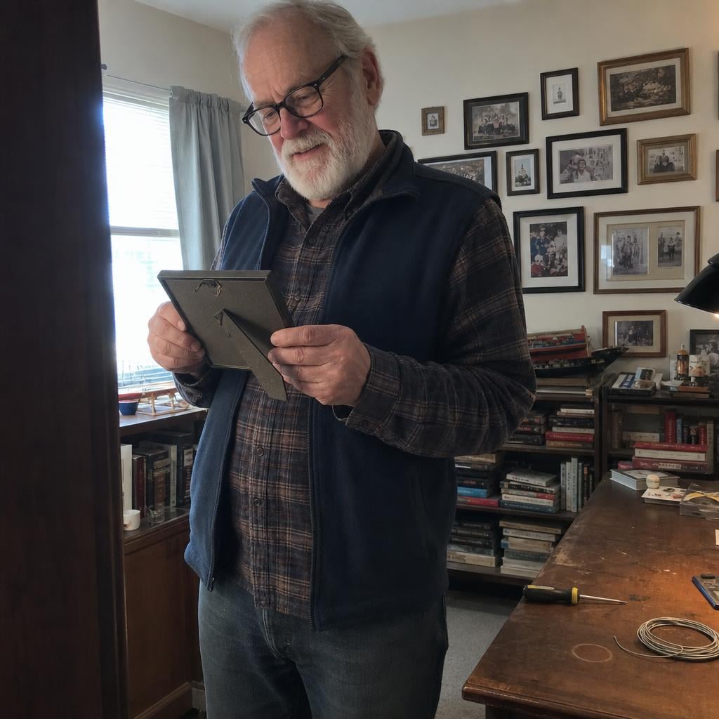 A man in his den holding a framed restored photograph