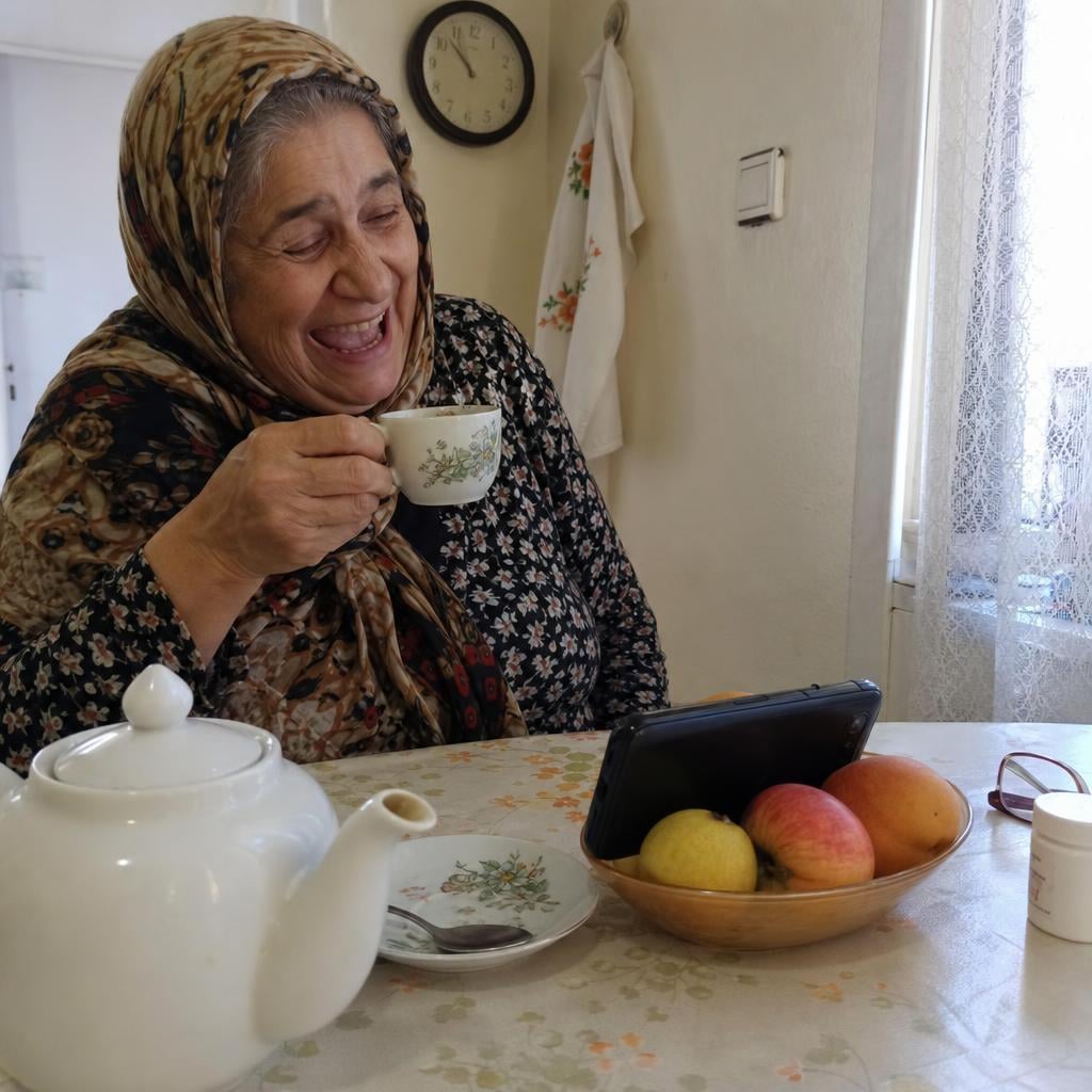 A grandmother with a cup of tea looking at a restored photo on her phone