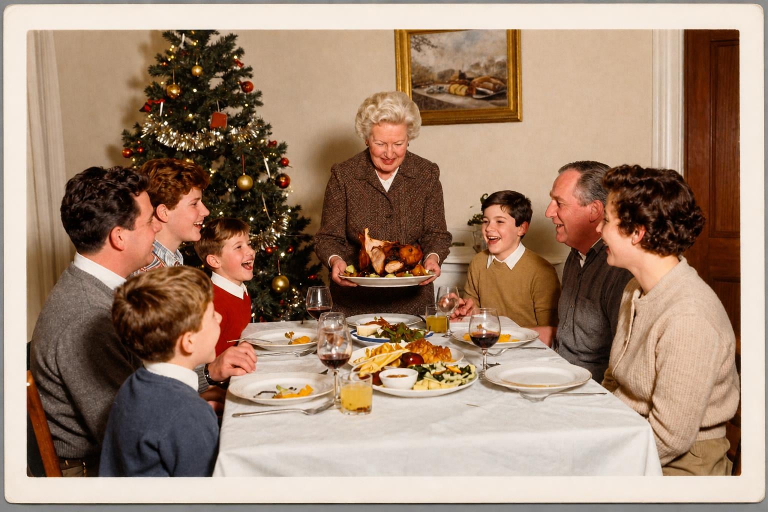 Restored print: 1950s · the whole family at Christmas · faded